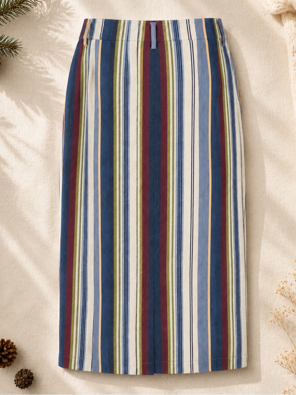 Vintage 90s Lizwear Striped Cotton Wrap Midi Skirt 12 Blue Coastal Cottagecore - Picture 2 of 4